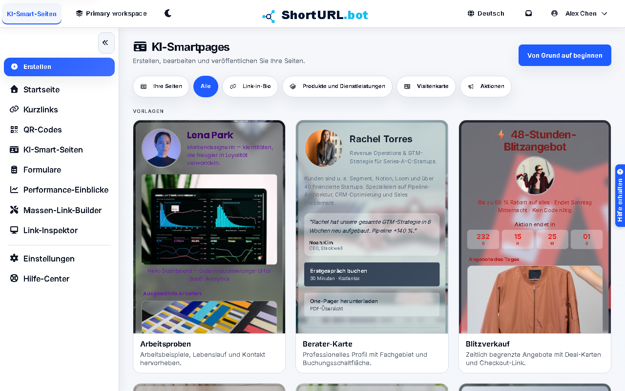 AI Smart Pages workspace with templates and page creation controls