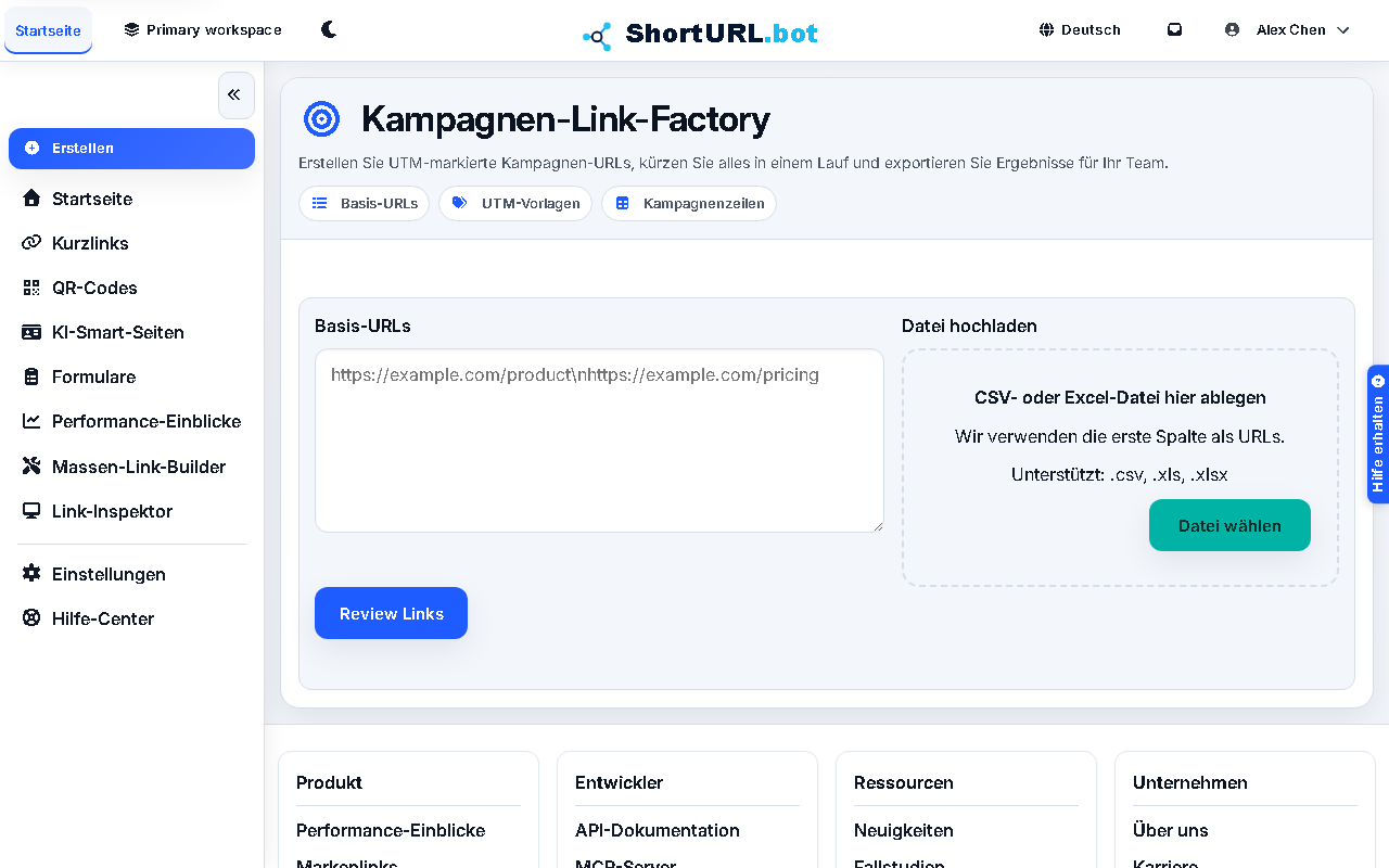 Campaign Link Factory workspace showing base URL input, UTM template controls, preview rows, and campaign link creation actions