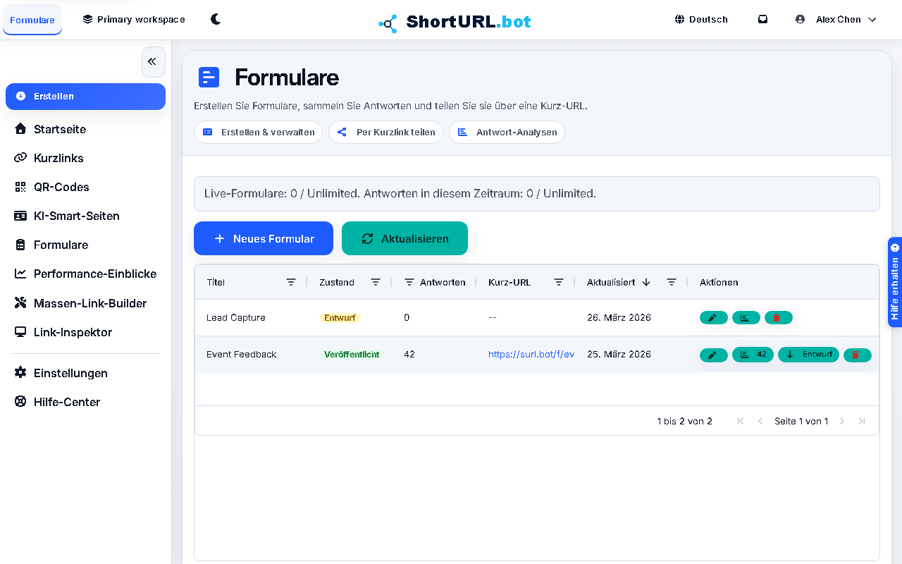 Forms workspace showing published and draft forms with response counts, short links, status controls, and form actions