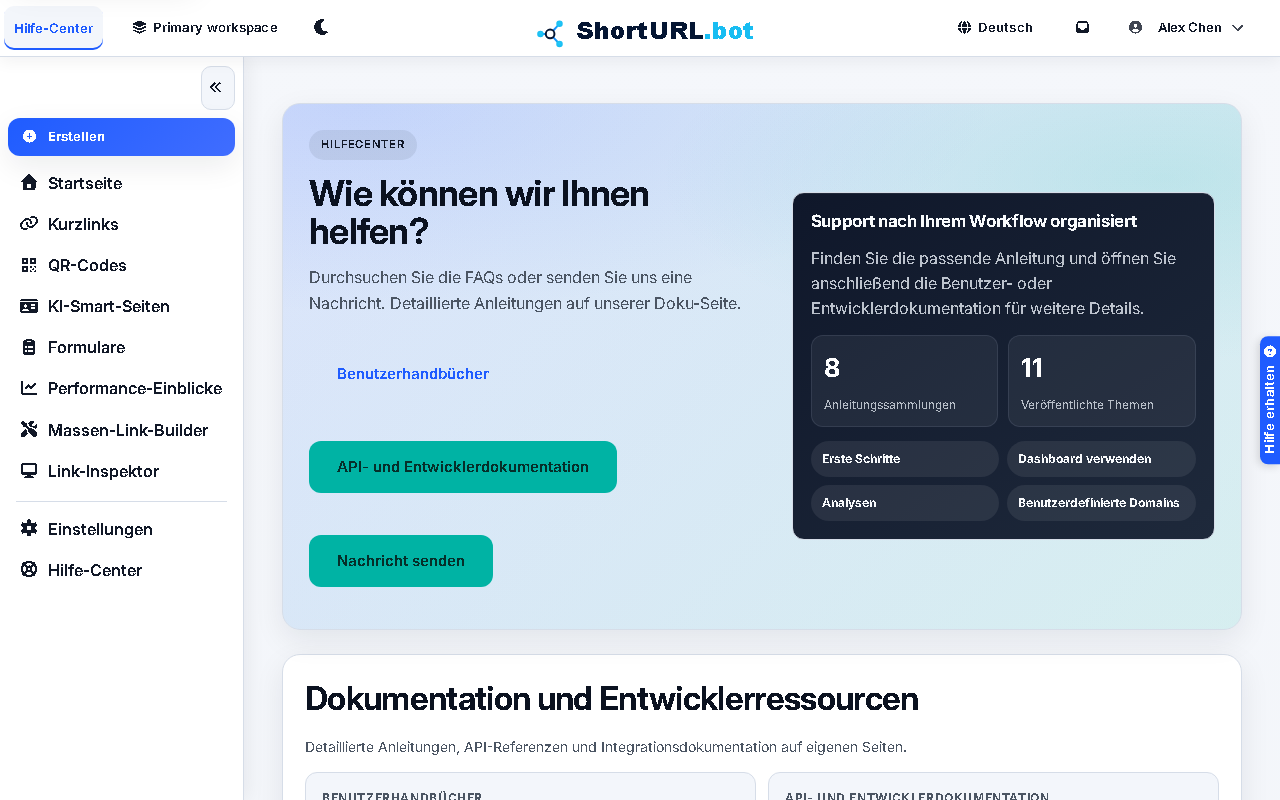 Help Center with documentation links and contact support form