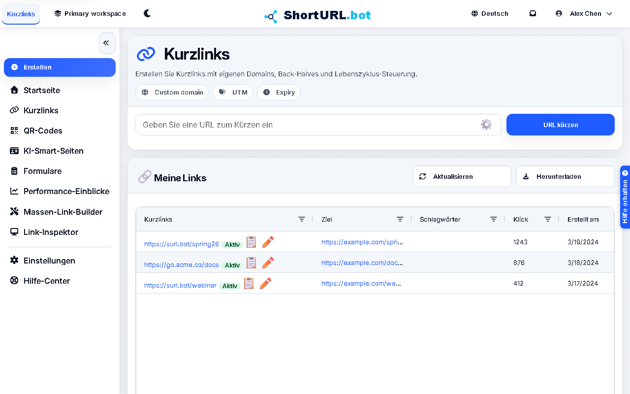 Screenshot von Dashboard und Link-Operationen