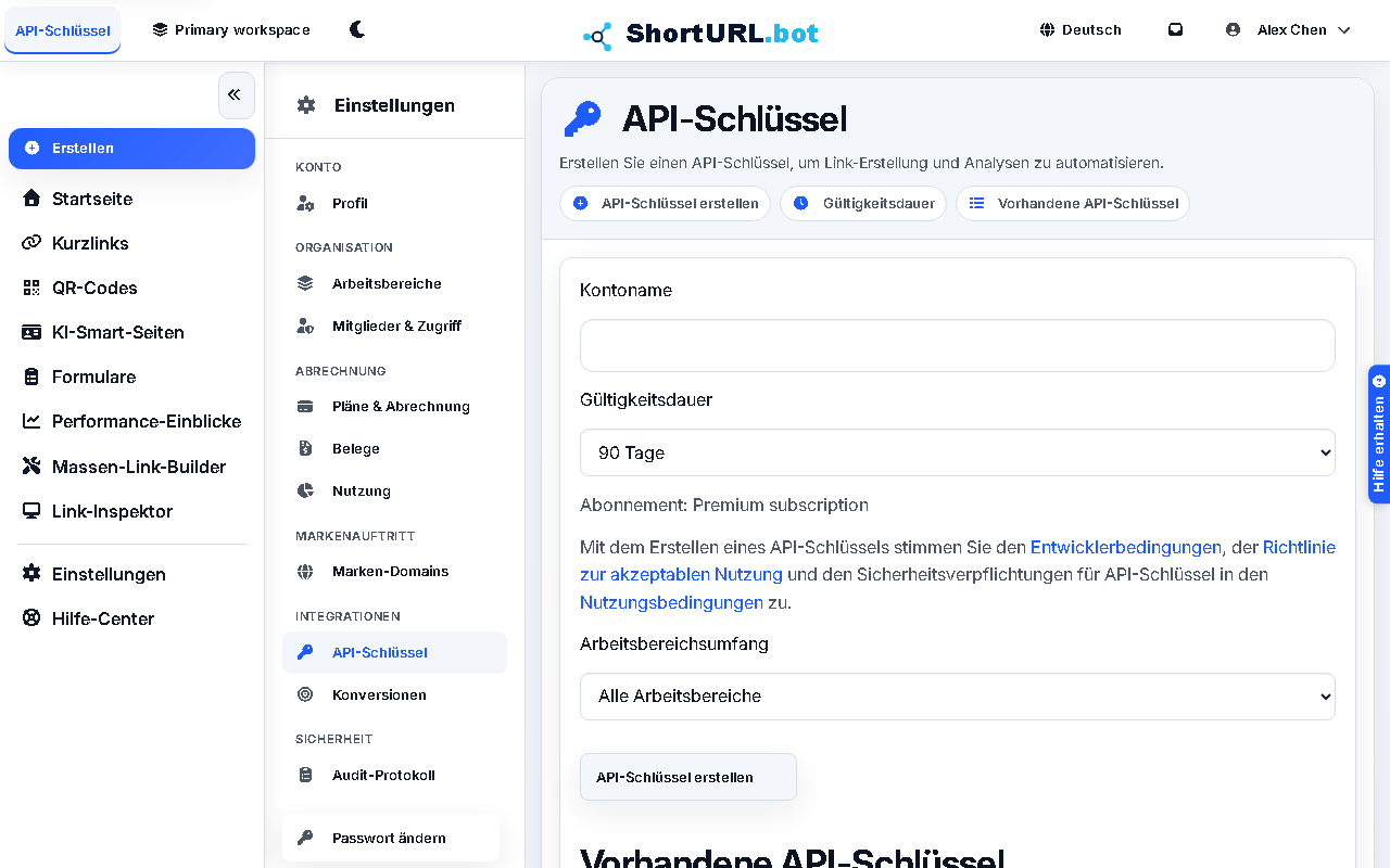 Screenshot von API-Schlüsseln