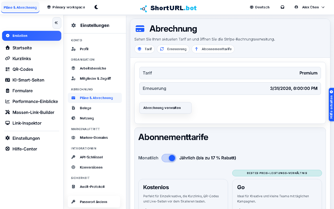 Seite „Pläne und Abrechnungseinstellungen“ mit der aktuellen Abonnementstufe, dem Verlängerungsdatum und den Upgrade-Optionen mit Funktionsvergleichen
