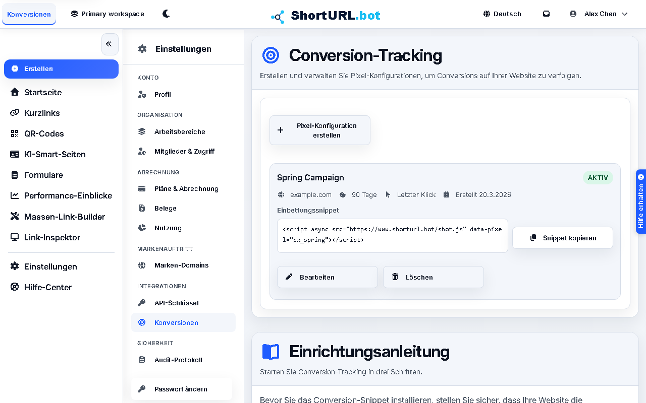 Conversion tracking settings page showing pixel configuration, setup steps, and the sbot.js install snippet