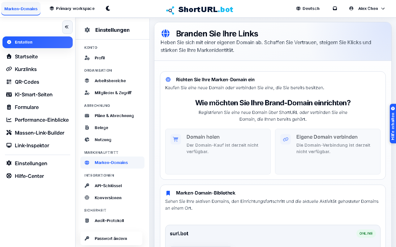 Einstellungsseite mit verbundenen benutzerdefinierten Domänen mit DNS-Verifizierungsstatus-Badges und Optionen zum Hinzufügen oder Entfernen von Markendomänen