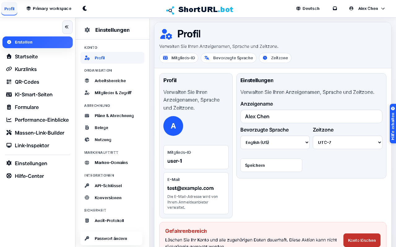 Profile settings page showing account identity, display name, language, timezone, password, and account deletion controls