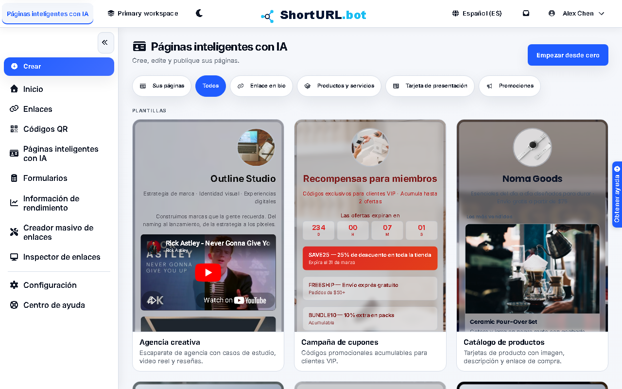 AI Smart Pages workspace with templates and page creation controls