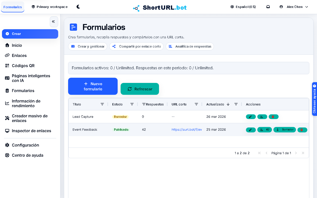 Forms workspace showing published and draft forms with response counts, short links, status controls, and form actions
