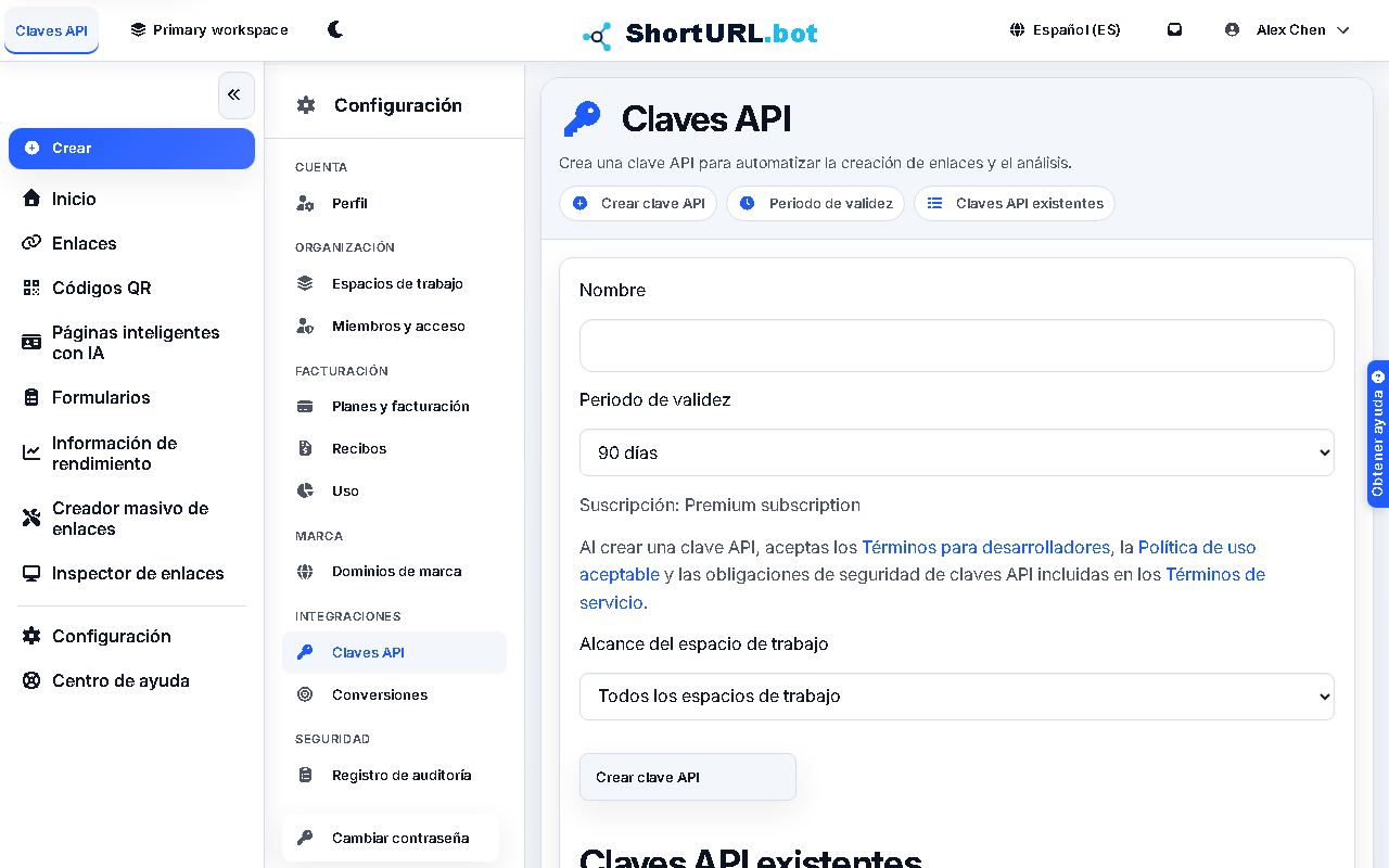 Captura de pantalla de Claves API