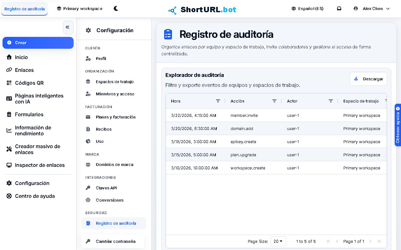 Audit Log settings page showing recent administrative actions with timestamps, actors, workspaces, and target records