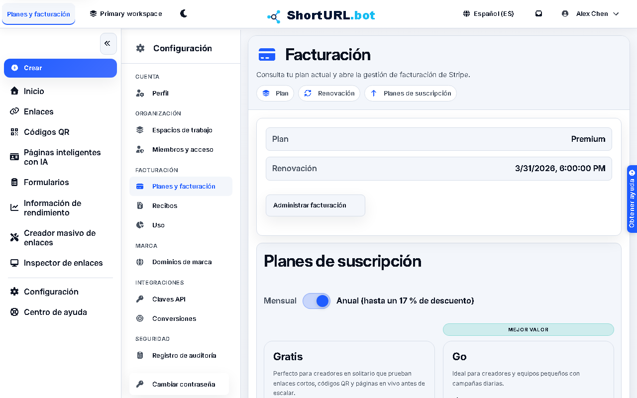 Página de configuración de planes y facturación que muestra el nivel de suscripción actual, la fecha de renovación y las opciones de actualización con comparaciones de funciones