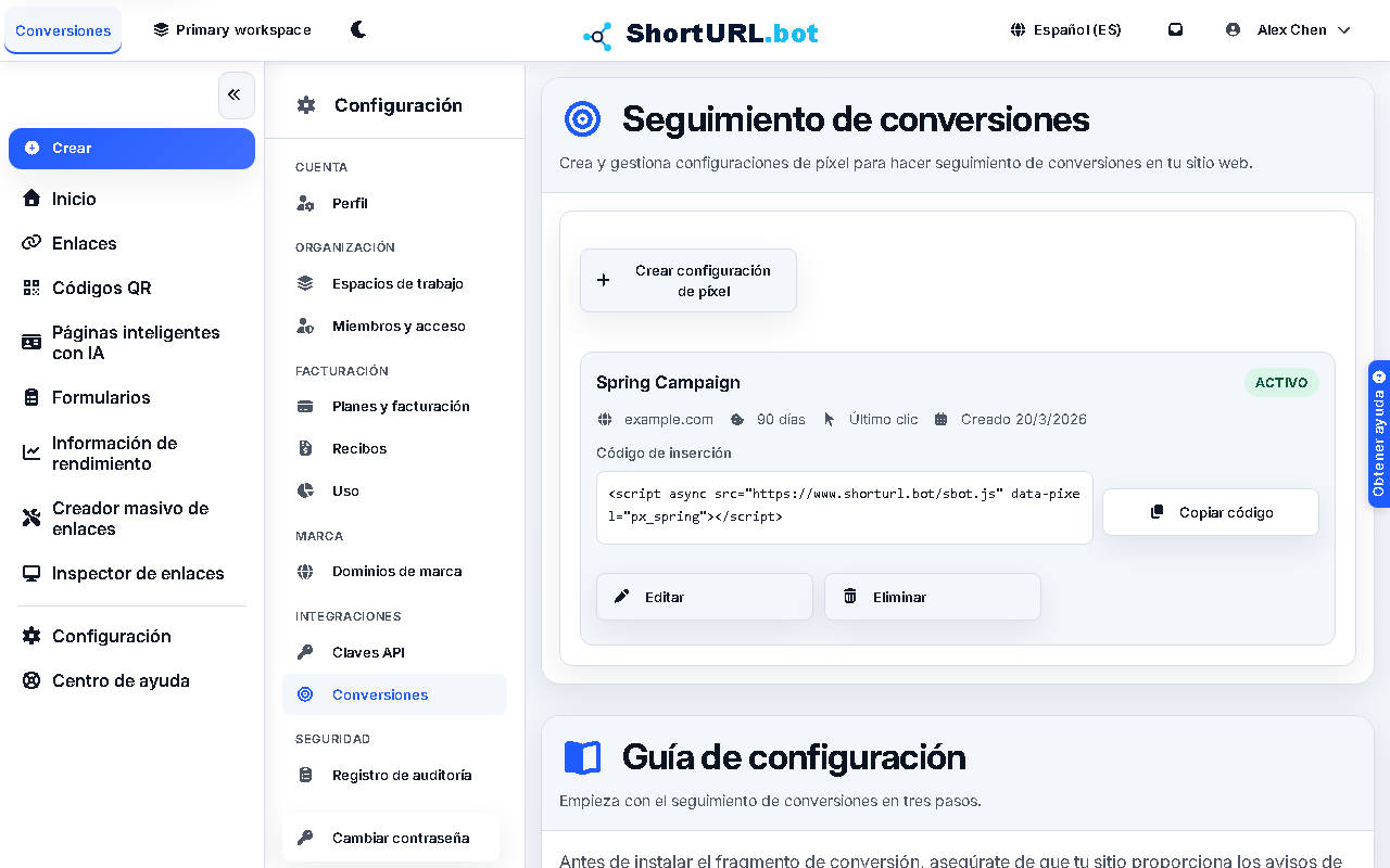 Conversion tracking settings page showing pixel configuration, setup steps, and the sbot.js install snippet