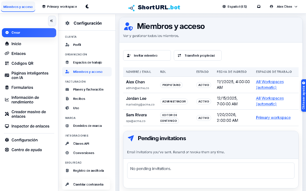 Members and Access settings page listing team members, roles, workspace access, and invitation controls