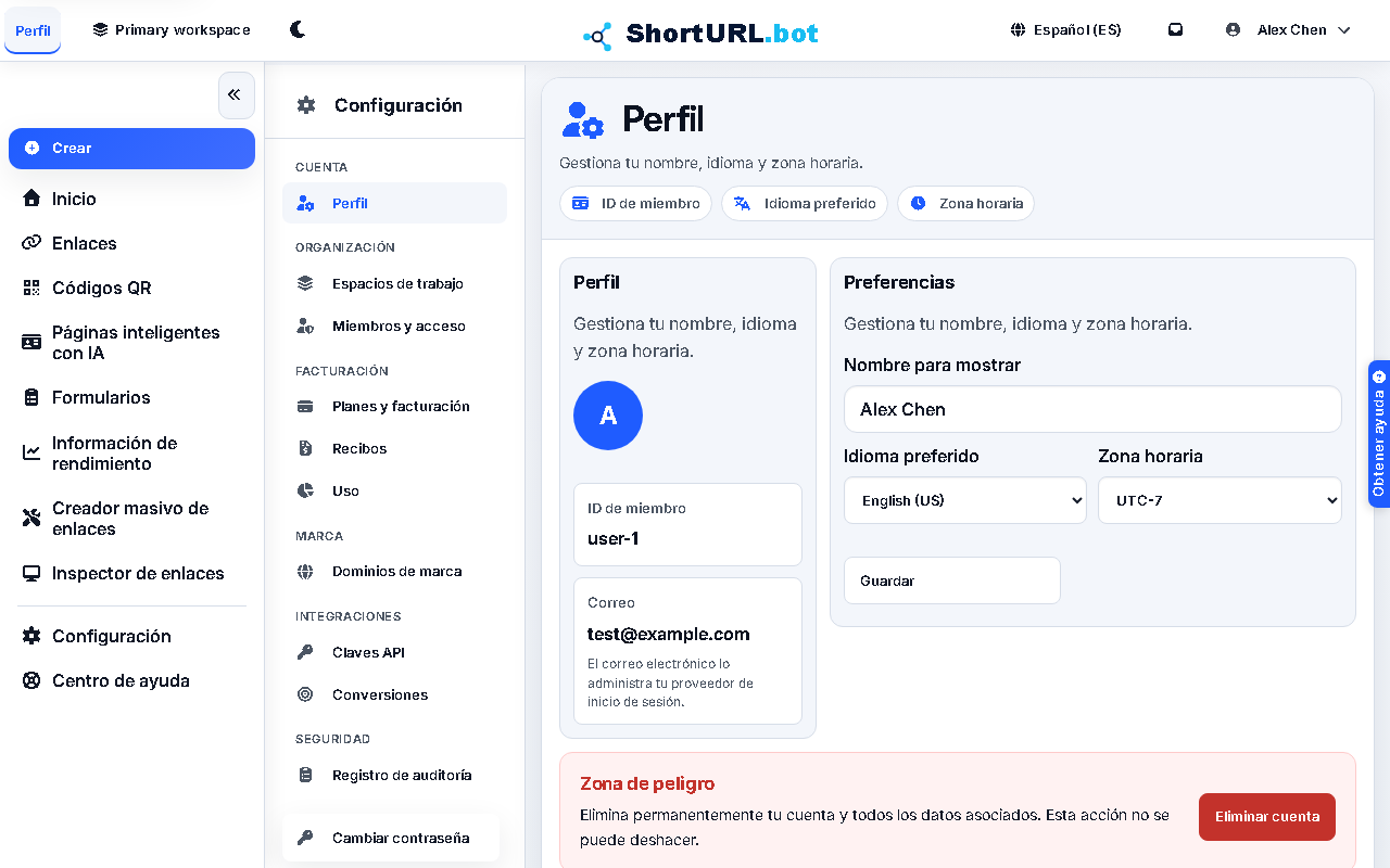 Profile settings page showing account identity, display name, language, timezone, password, and account deletion controls