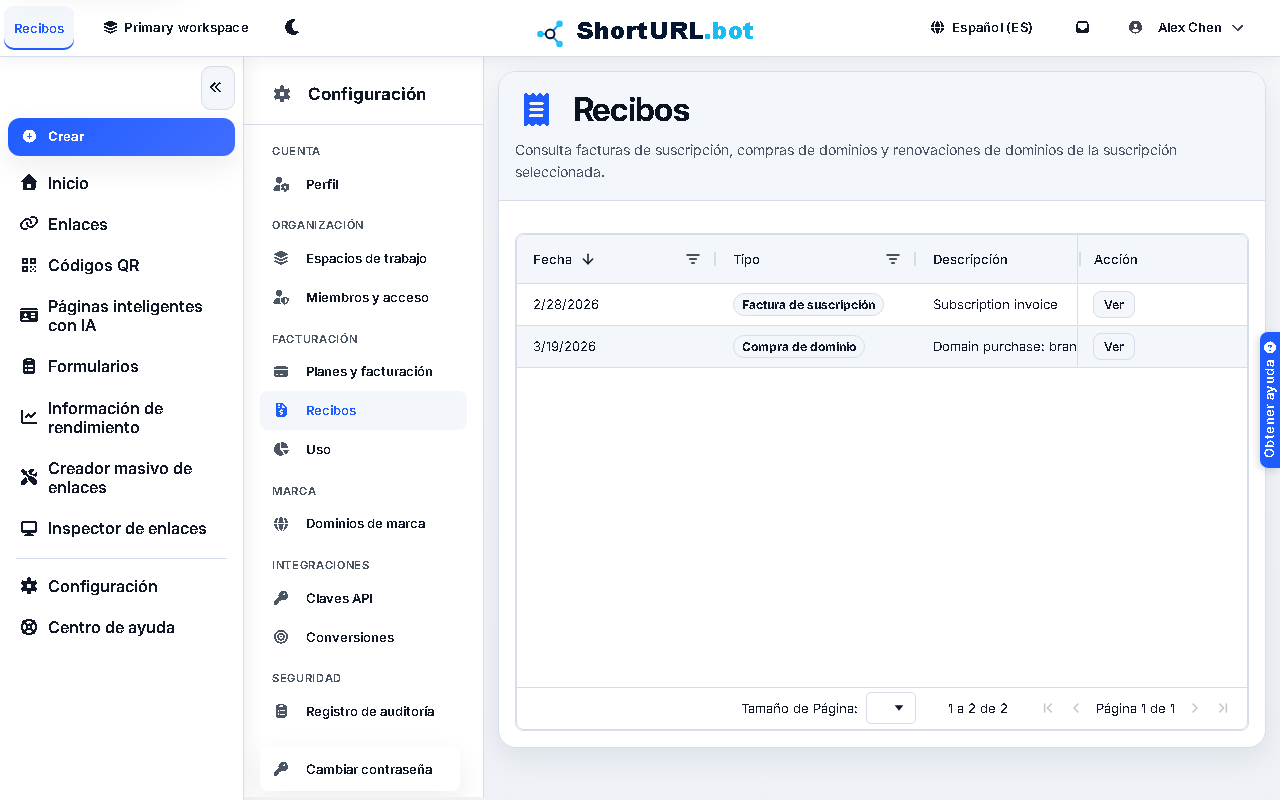 Billing receipts table with invoice and domain purchase records