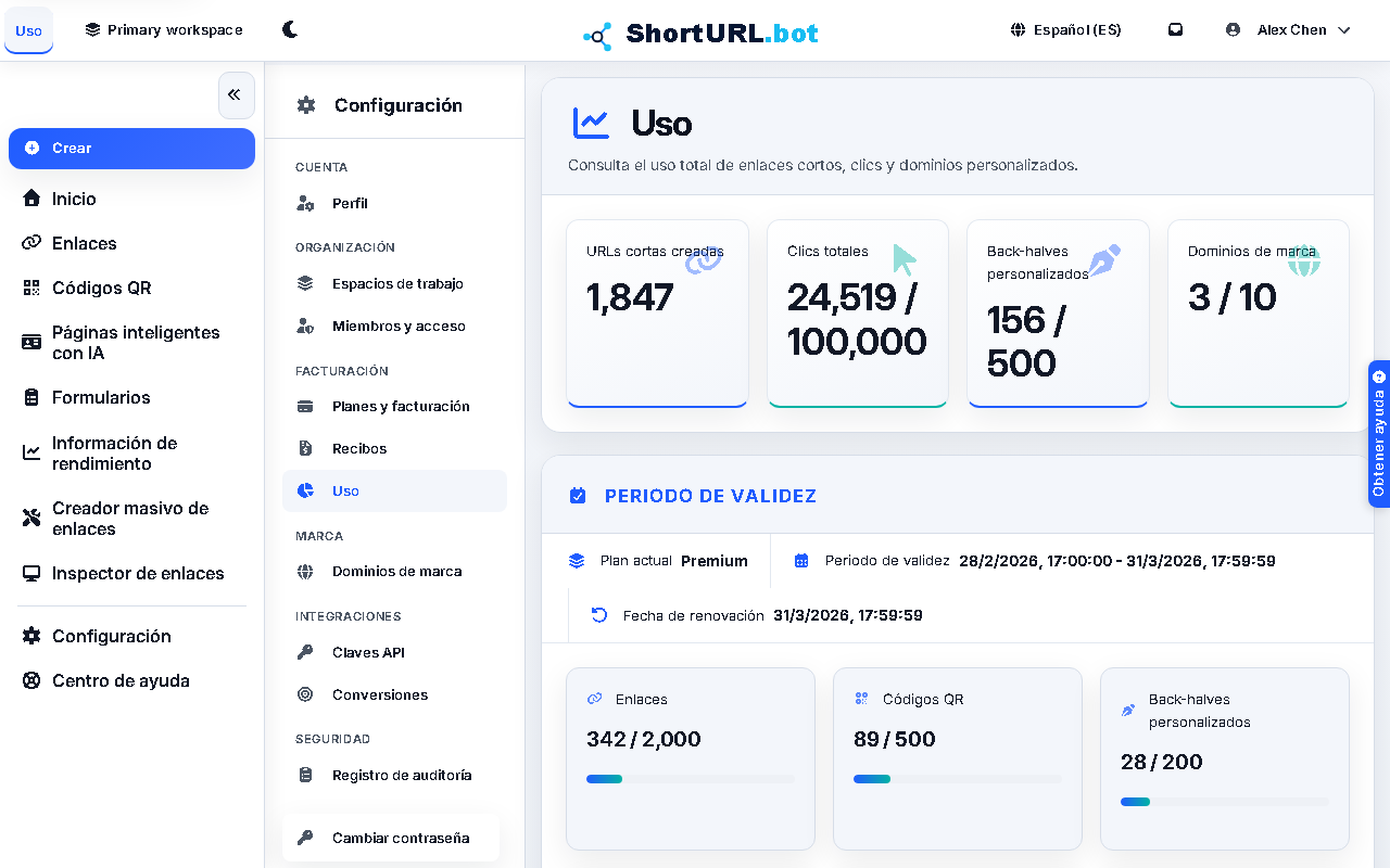 Página de configuración de uso que muestra barras de progreso para enlaces creados, códigos QR generados y dominios personalizados utilizados según los límites del plan actual
