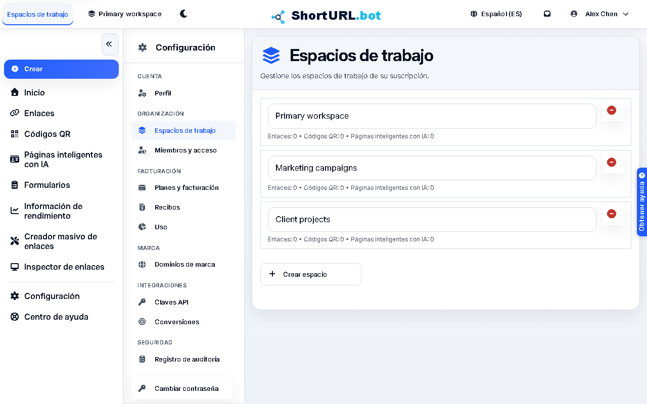 Captura de pantalla de Espacios de trabajo