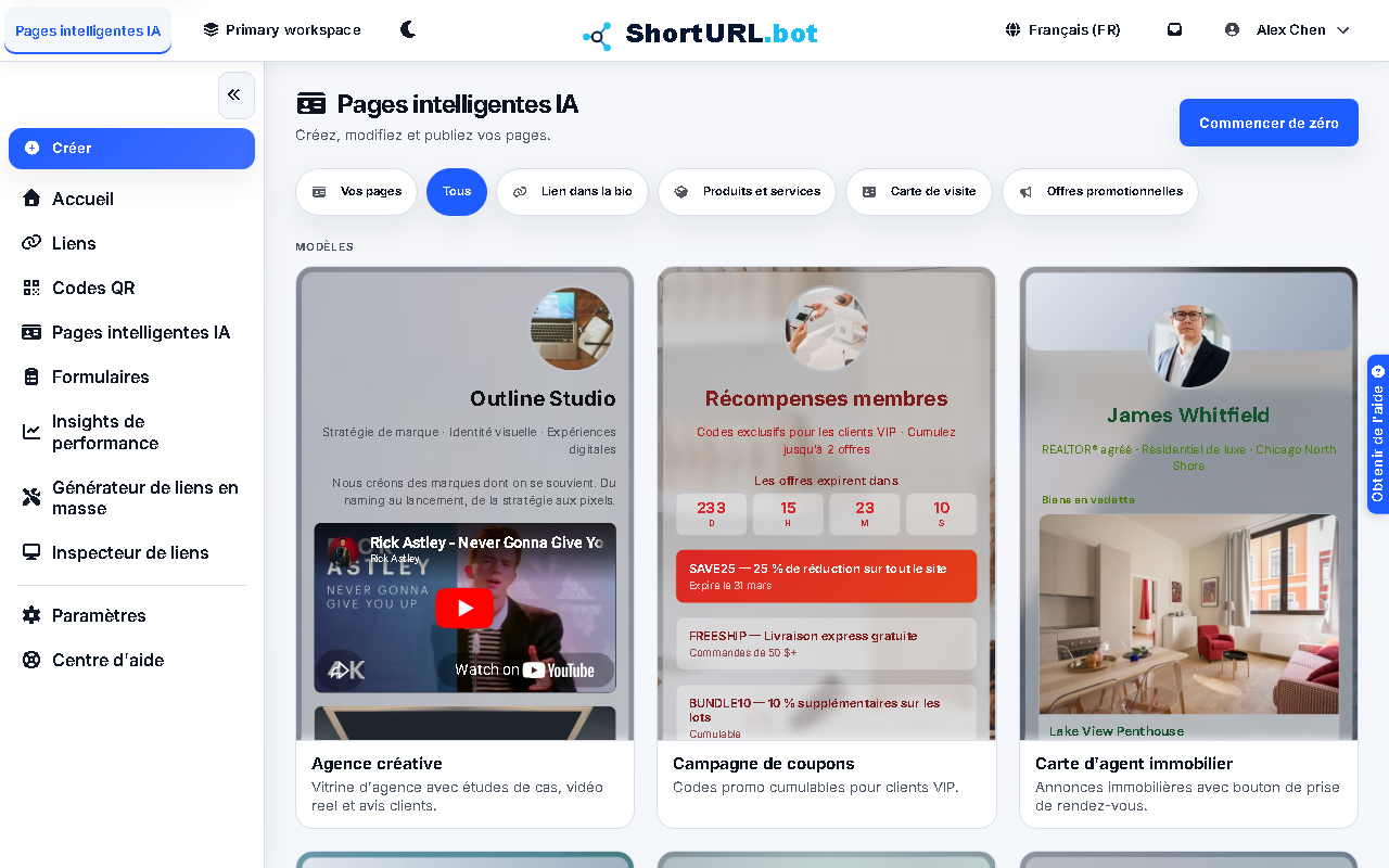 AI Smart Pages workspace with templates and page creation controls