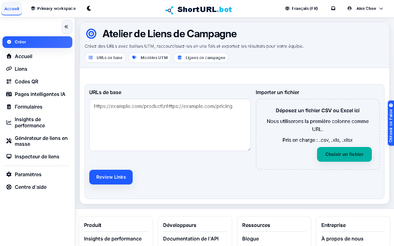 Campaign Link Factory workspace showing base URL input, UTM template controls, preview rows, and campaign link creation actions