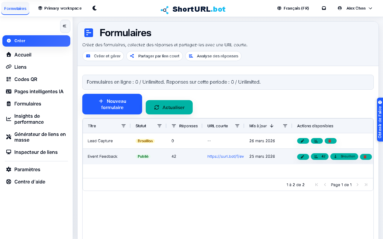 Forms workspace showing published and draft forms with response counts, short links, status controls, and form actions