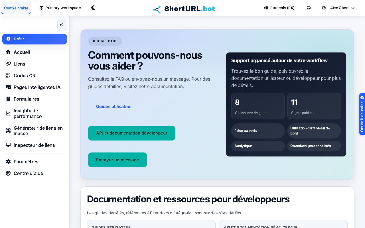 Help Center with documentation links and contact support form