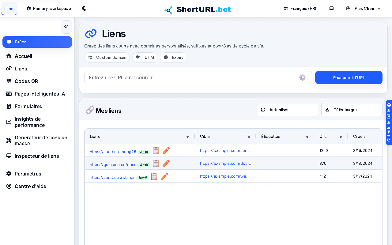 Capture d\u2019\u00e9cran du tableau de bord et des op\u00e9rations sur les liens
