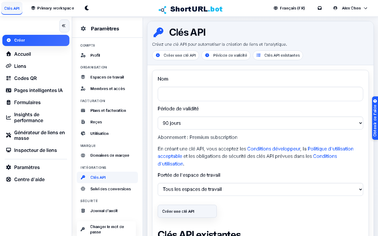 Capture d\u2019\u00e9cran des cl\u00e9s API