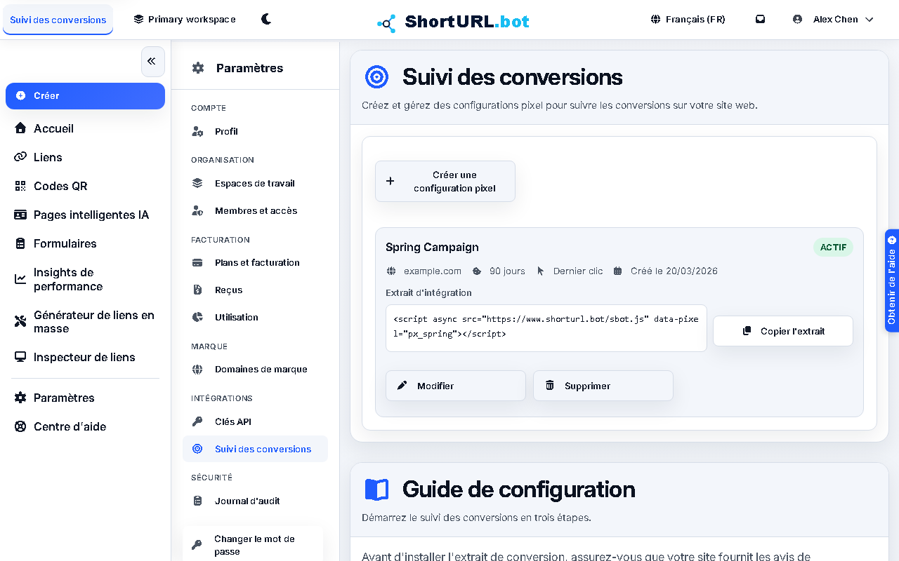 Conversion tracking settings page showing pixel configuration, setup steps, and the sbot.js install snippet