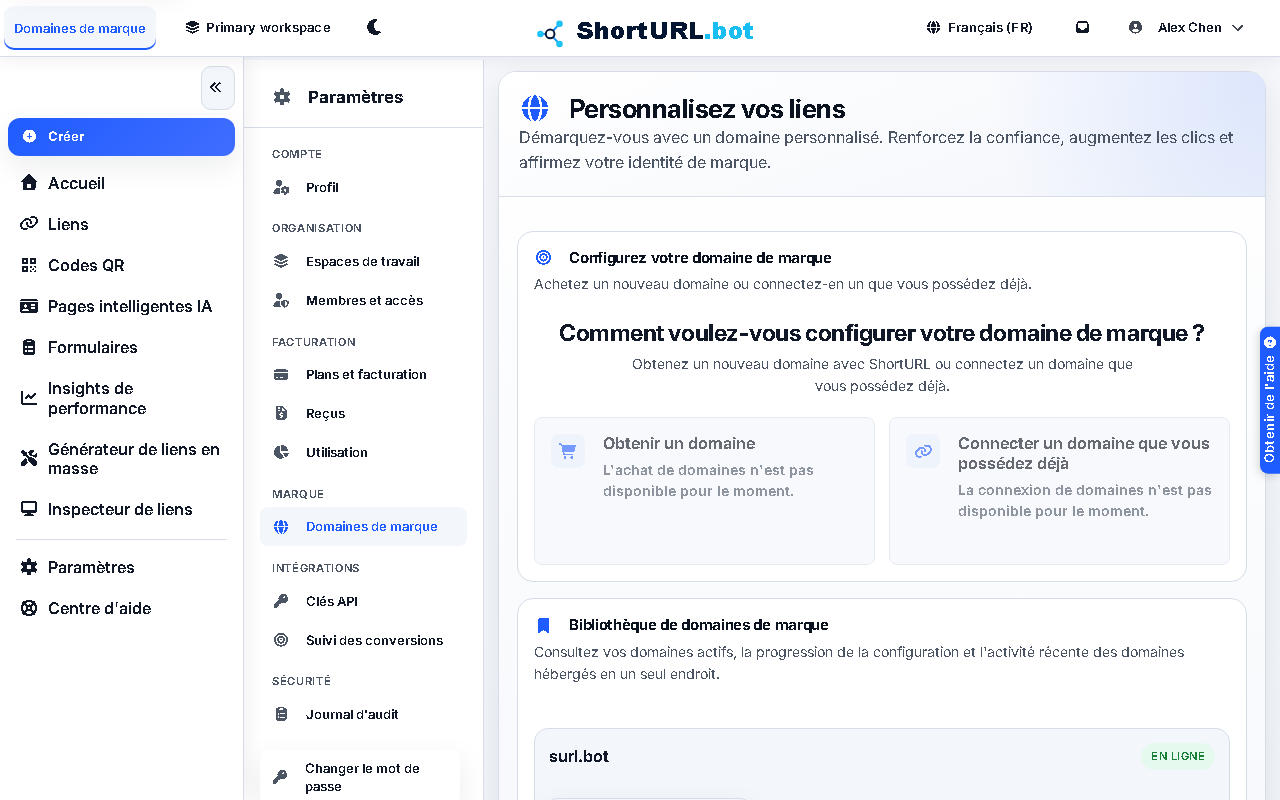 Page de paramètres affichant les domaines personnalisés connectés avec des badges d'état de vérification DNS et des options pour ajouter ou supprimer des domaines de marque