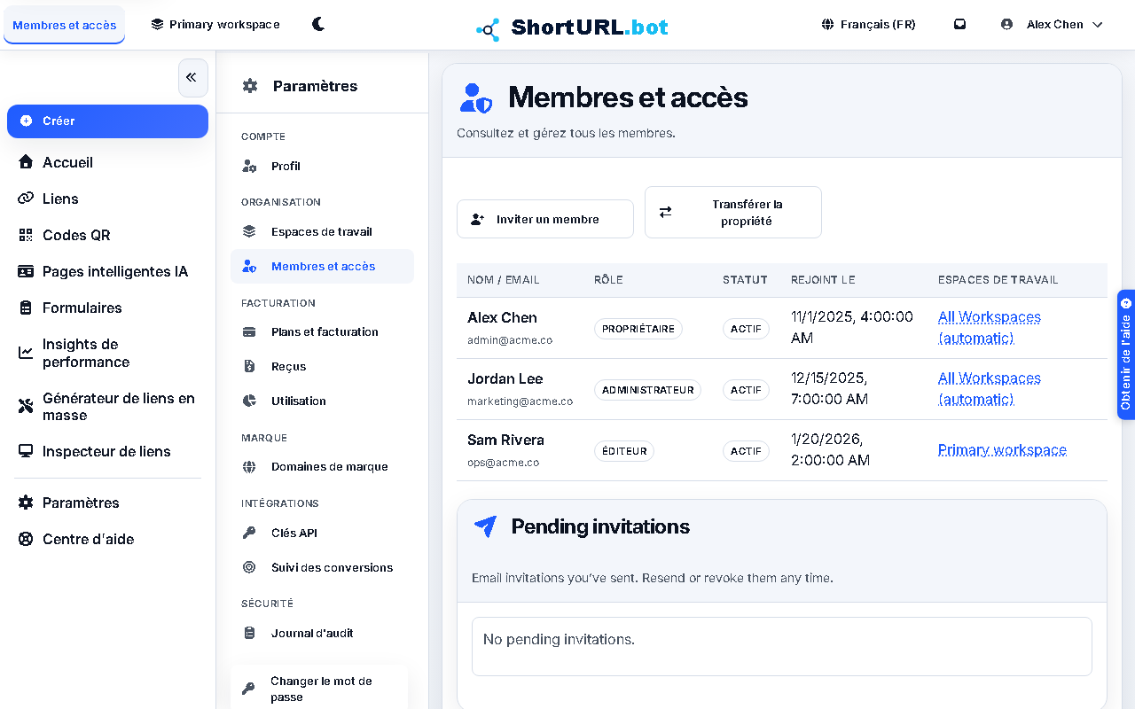Members and Access settings page listing team members, roles, workspace access, and invitation controls