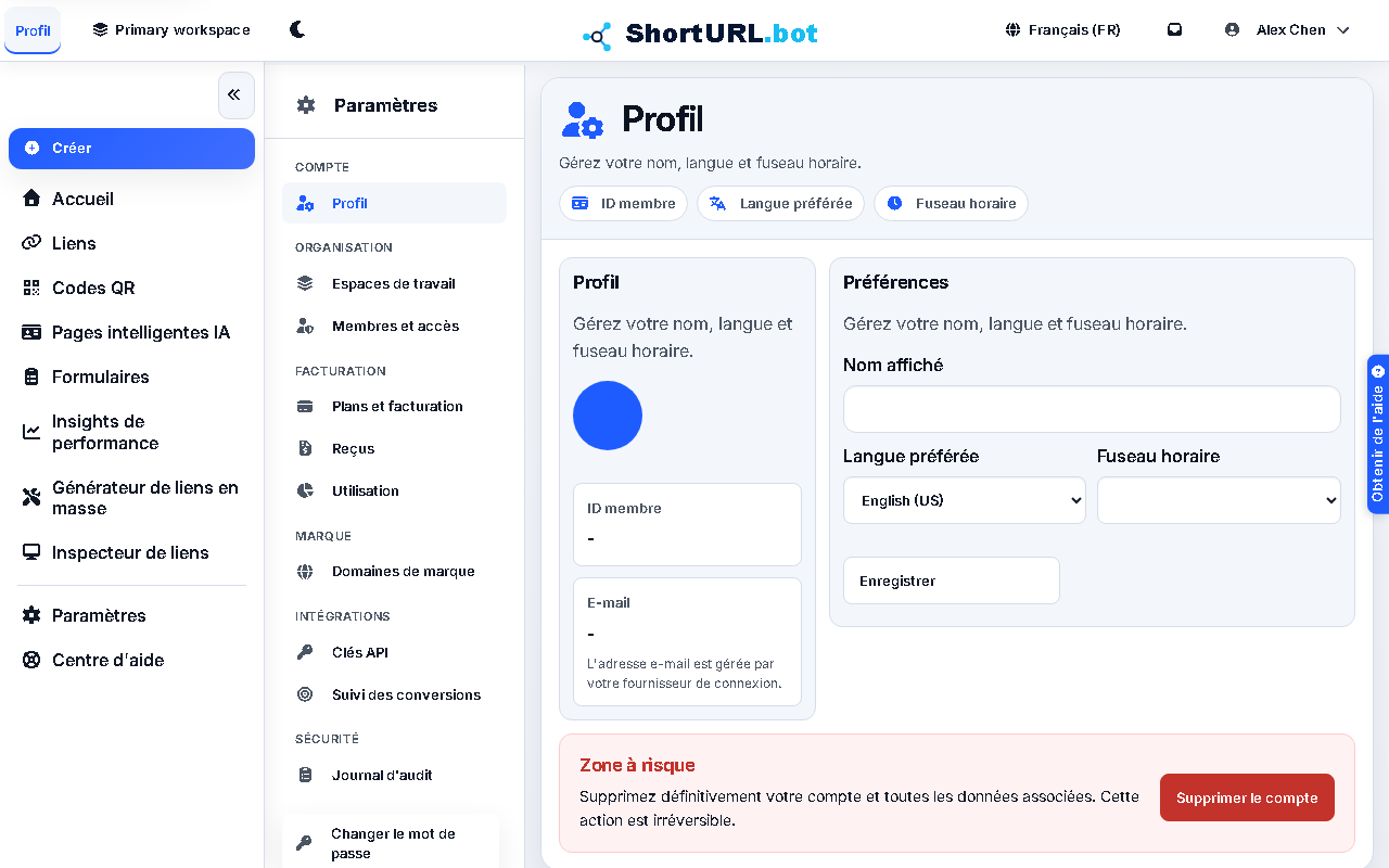 Profile settings page showing account identity, display name, language, timezone, password, and account deletion controls