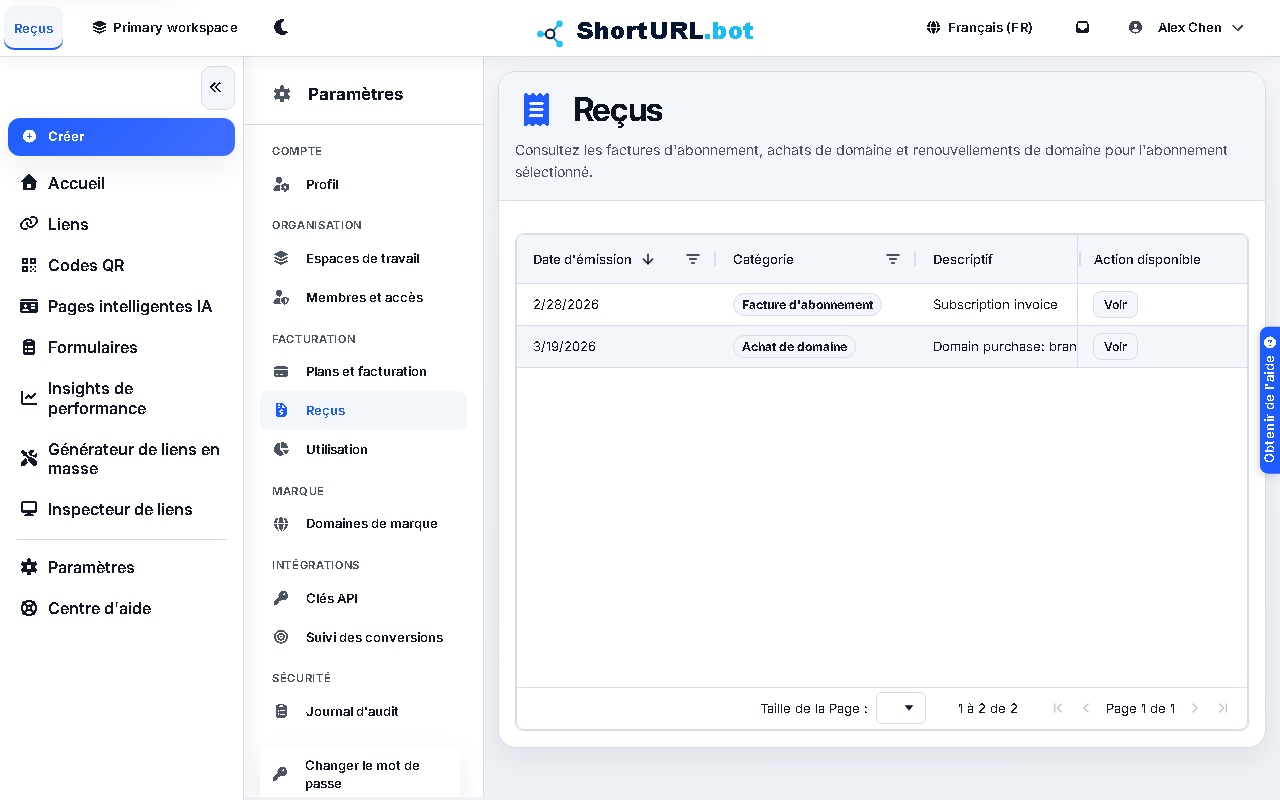 Billing receipts table with invoice and domain purchase records