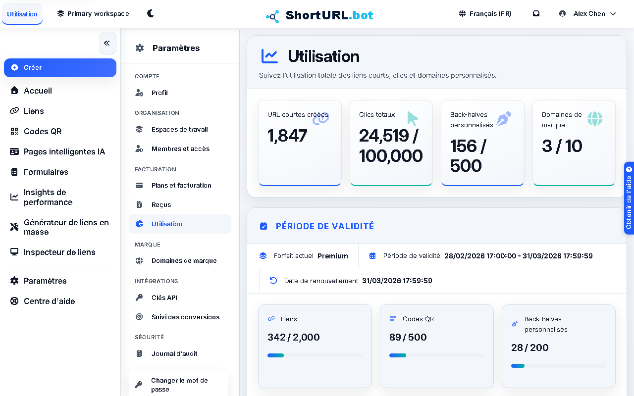 Page des paramètres d'utilisation affichant les barres de progression pour les liens créés, les codes QR générés et les domaines personnalisés utilisés par rapport aux limites actuelles du plan
