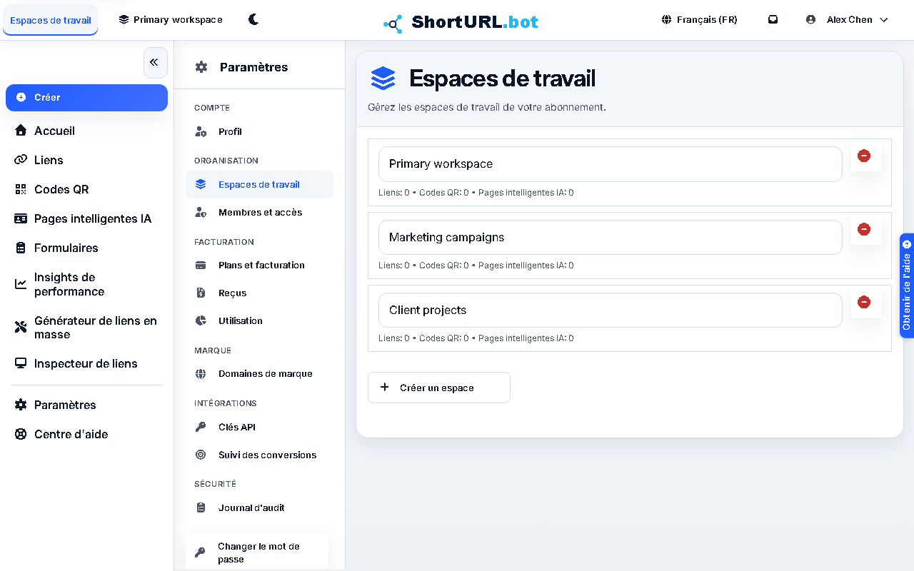 Capture d\u2019\u00e9cran des espaces de travail