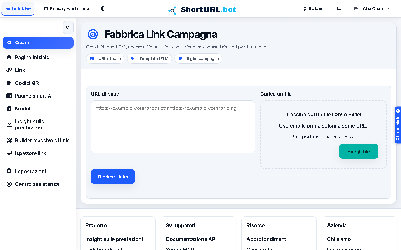 Campaign Link Factory workspace showing base URL input, UTM template controls, preview rows, and campaign link creation actions