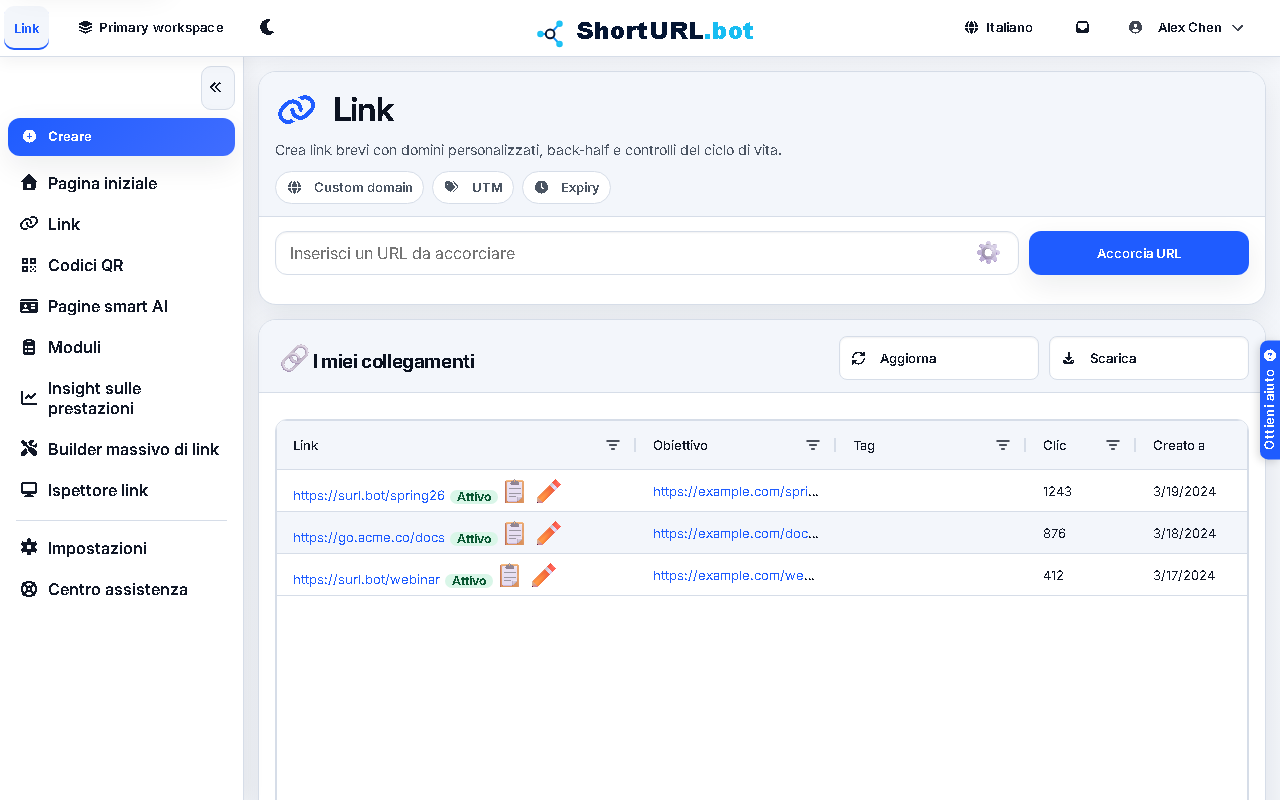 Screenshot dashboard e operazioni sui link