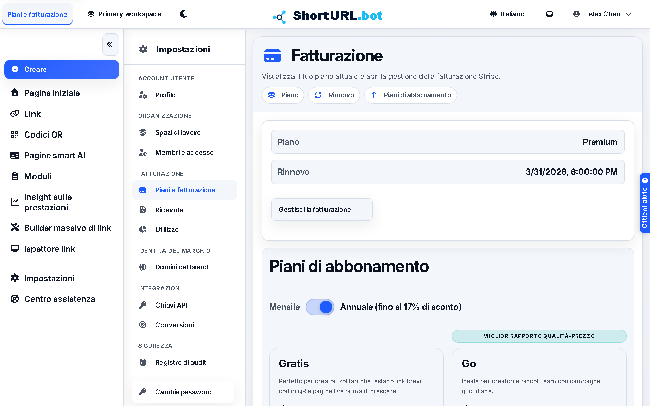 Pagina delle impostazioni dei piani e della fatturazione che mostra il livello di abbonamento corrente, la data di rinnovo e le opzioni di aggiornamento con confronti tra le funzionalità