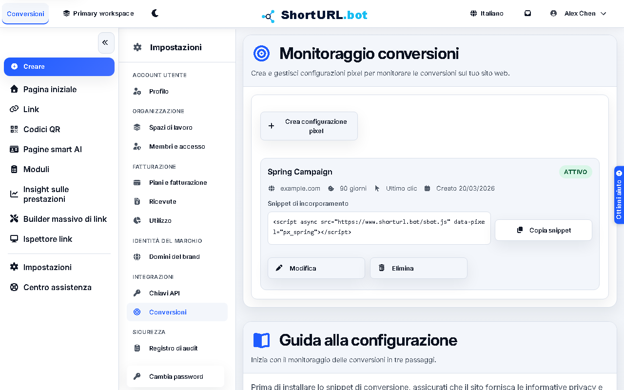 Conversion tracking settings page showing pixel configuration, setup steps, and the sbot.js install snippet