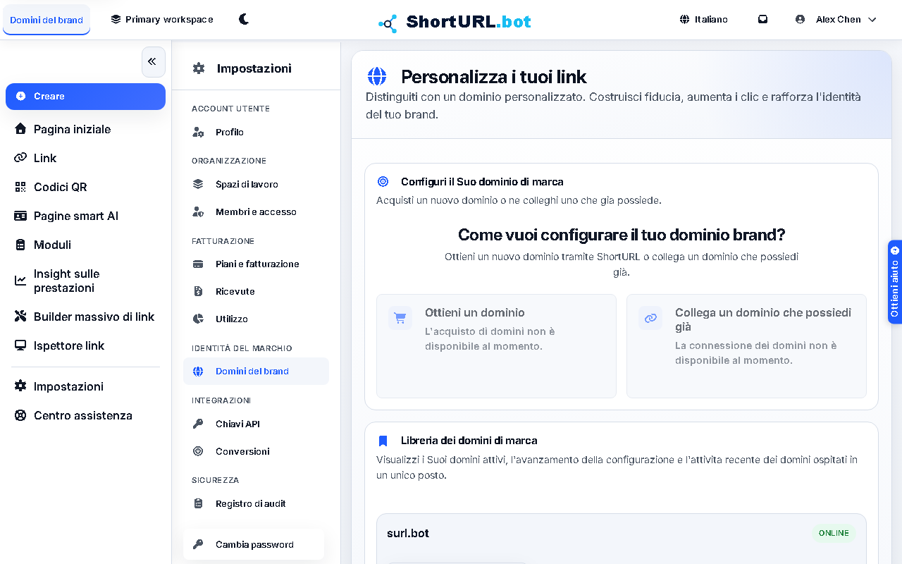Pagina delle impostazioni che mostra i domini personalizzati collegati con badge di stato di verifica DNS e opzioni per aggiungere o rimuovere domini con marchio