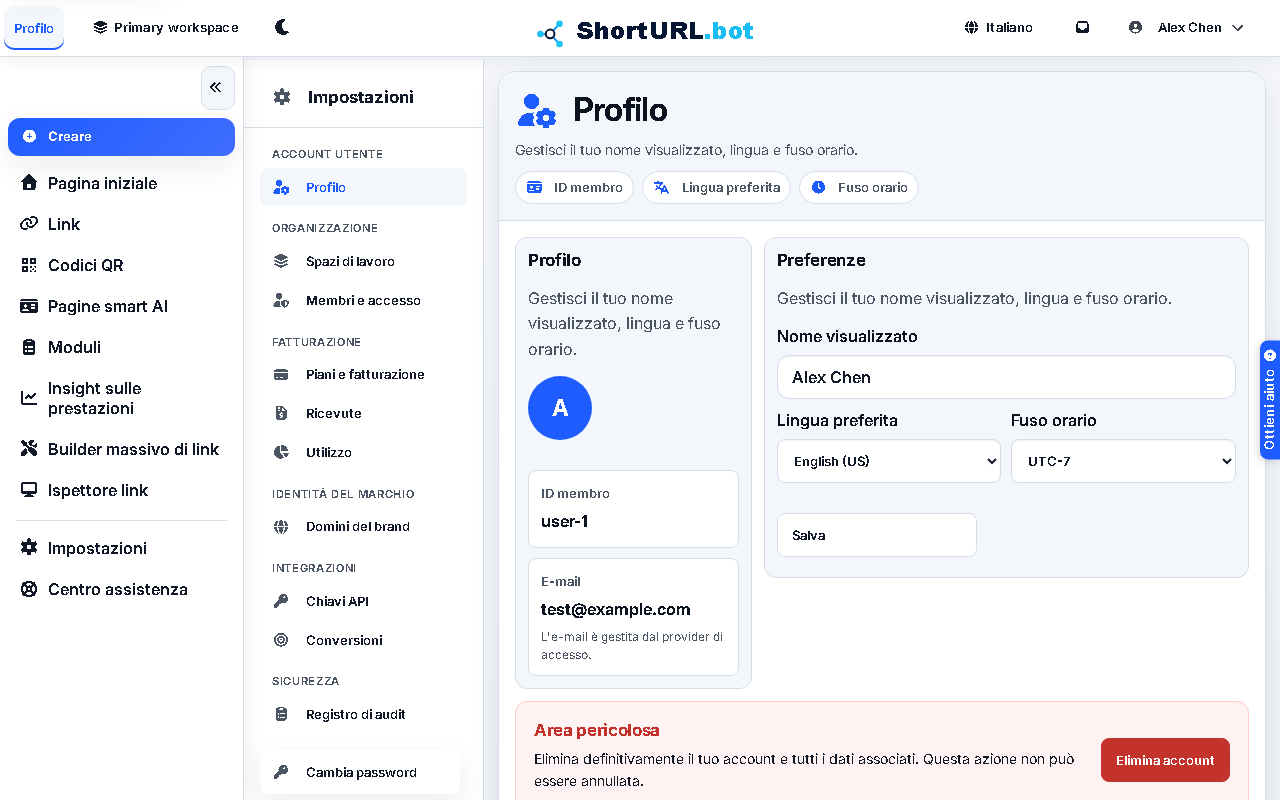 Profile settings page showing account identity, display name, language, timezone, password, and account deletion controls
