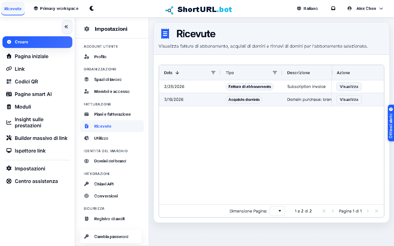 Billing receipts table with invoice and domain purchase records