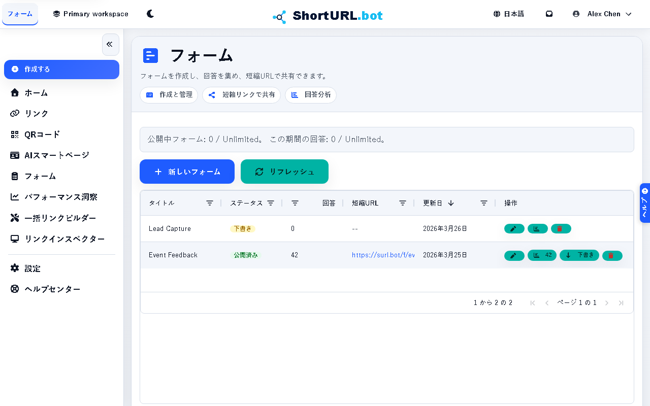 Forms workspace showing published and draft forms with response counts, short links, status controls, and form actions