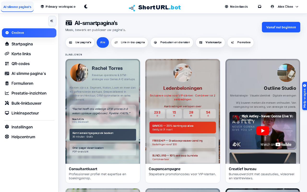 AI Smart Pages-werkruimte met sjablonen en bediening voor pagina-aanmaak