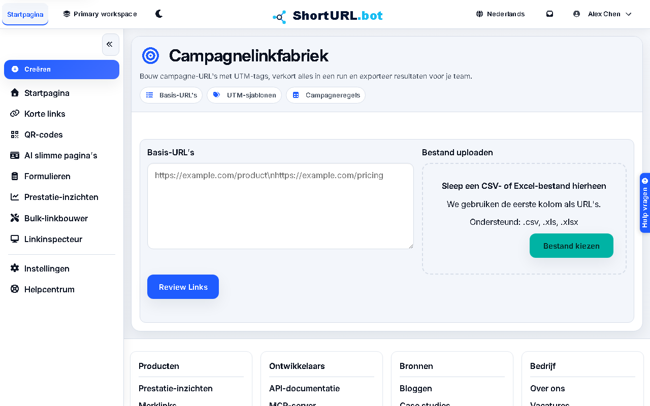 Campaign Link Factory workspace showing base URL input, UTM template controls, preview rows, and campaign link creation actions
