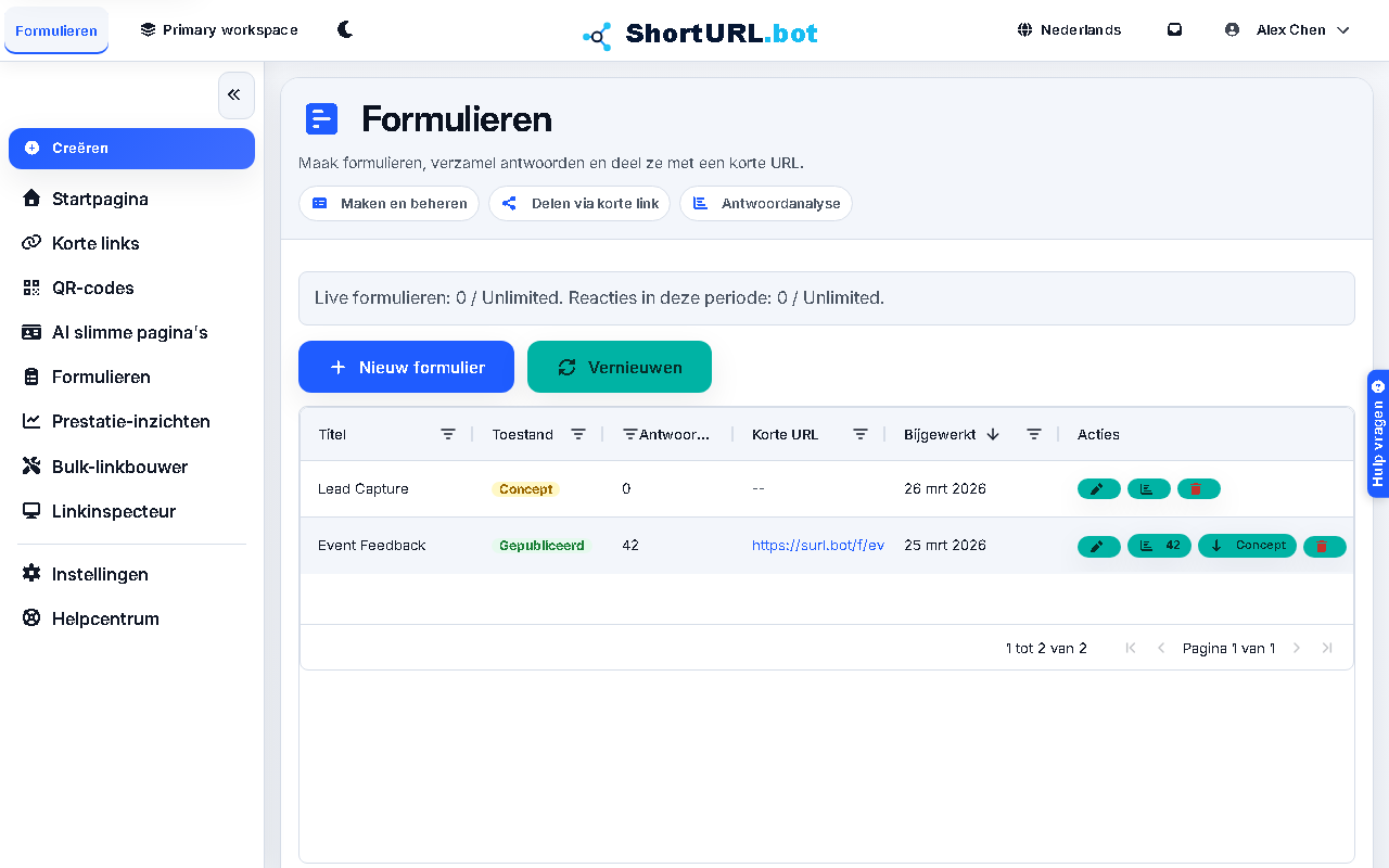 Forms workspace showing published and draft forms with response counts, short links, status controls, and form actions