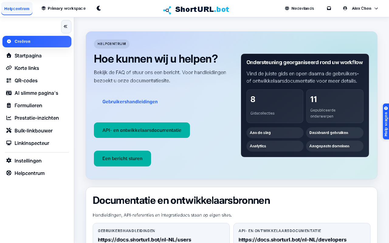 Help Center met documentatielinks en contactformulier voor support
