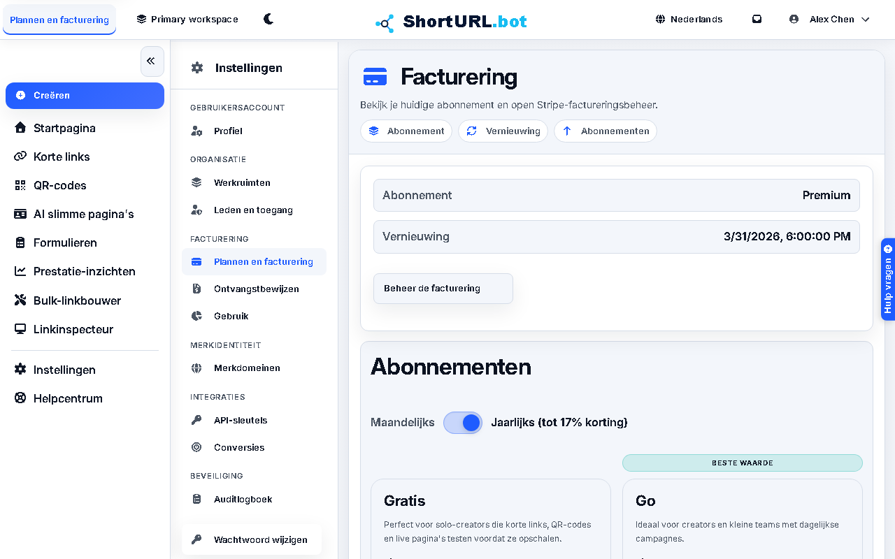 Pagina met abonnements- en factureringsinstellingen toont het huidige abonnementsniveau, de verlengingsdatum en upgrade-opties met functievergelijkingen