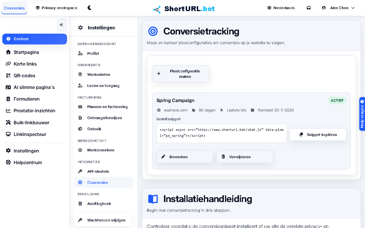 Conversion tracking settings page showing pixel configuration, setup steps, and the sbot.js install snippet