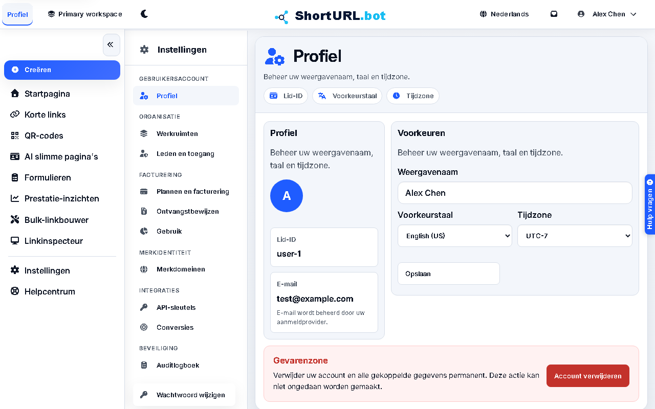Profile settings page showing account identity, display name, language, timezone, password, and account deletion controls
