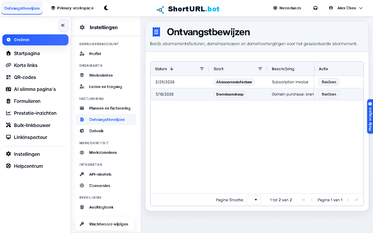 Tabel met factureringsbewijzen, facturen en domeinaankooprecords